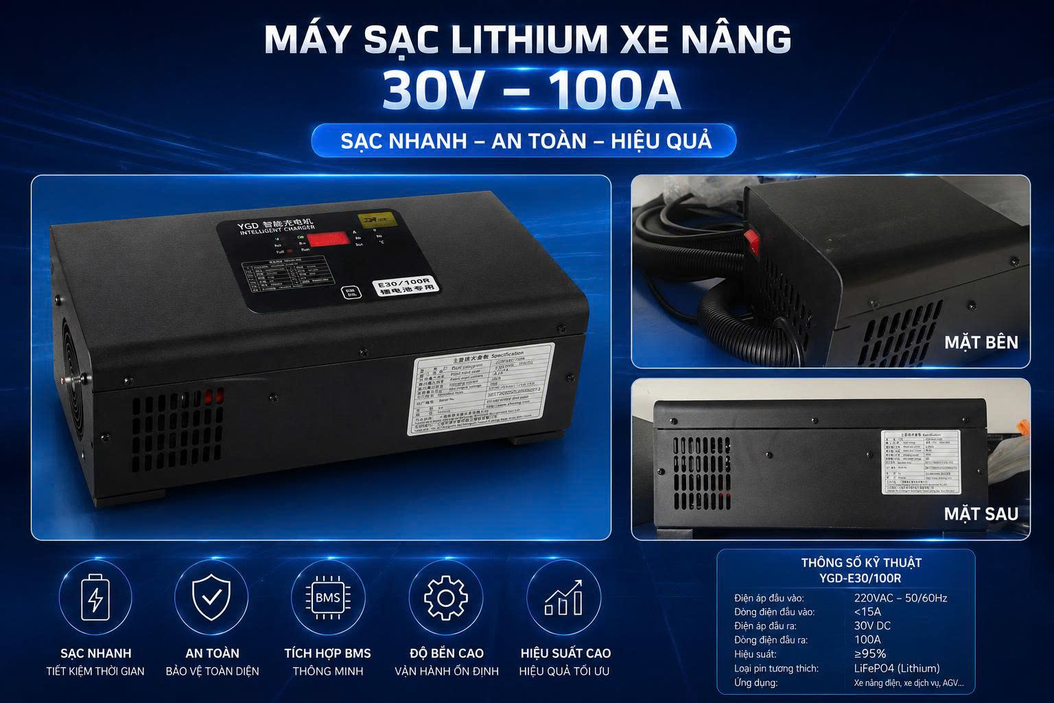 MÁY SẠC BÌNH ĐIỆN LITHIUM 30V100A CHÍNH HÃNG CHO XE NÂNG ĐIỆN