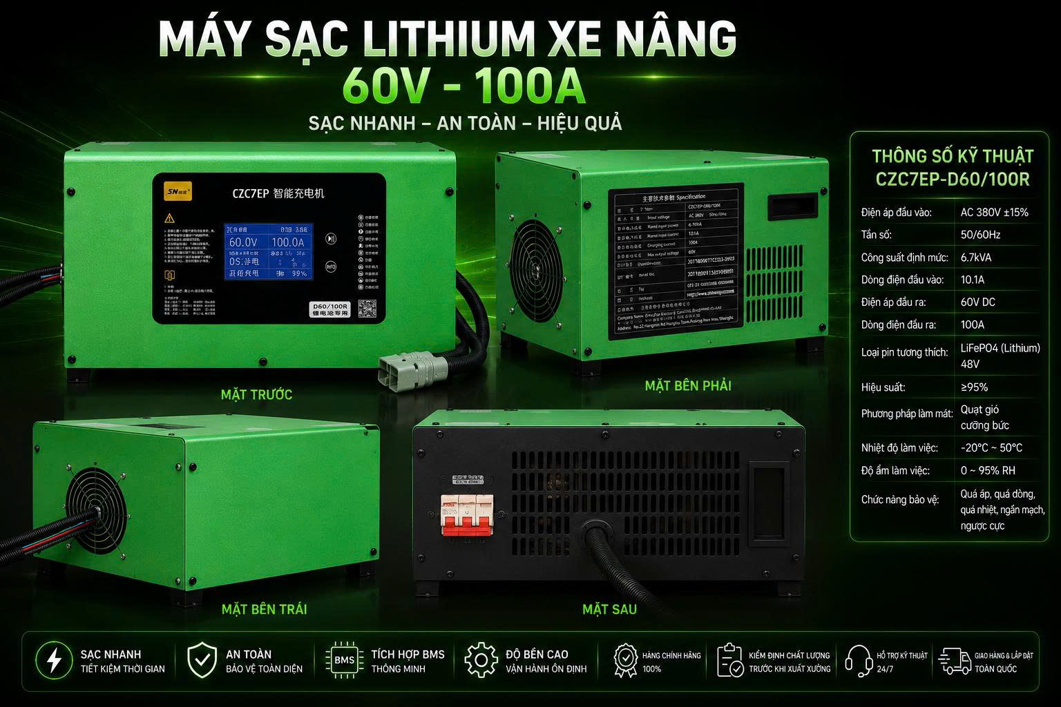 MÁY SẠC BÌNH ĐIỆN LITHIUM 60V100A CHÍNH HÃNG CHO XE NÂNG ĐIỆN