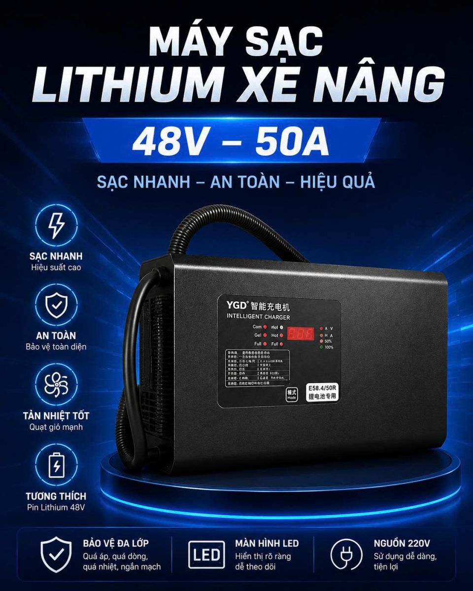 MÁY SẠC BÌNH ĐIỆN LITHIUM 48V50A CHÍNH HÃNG CHO XE NÂNG ĐIỆN