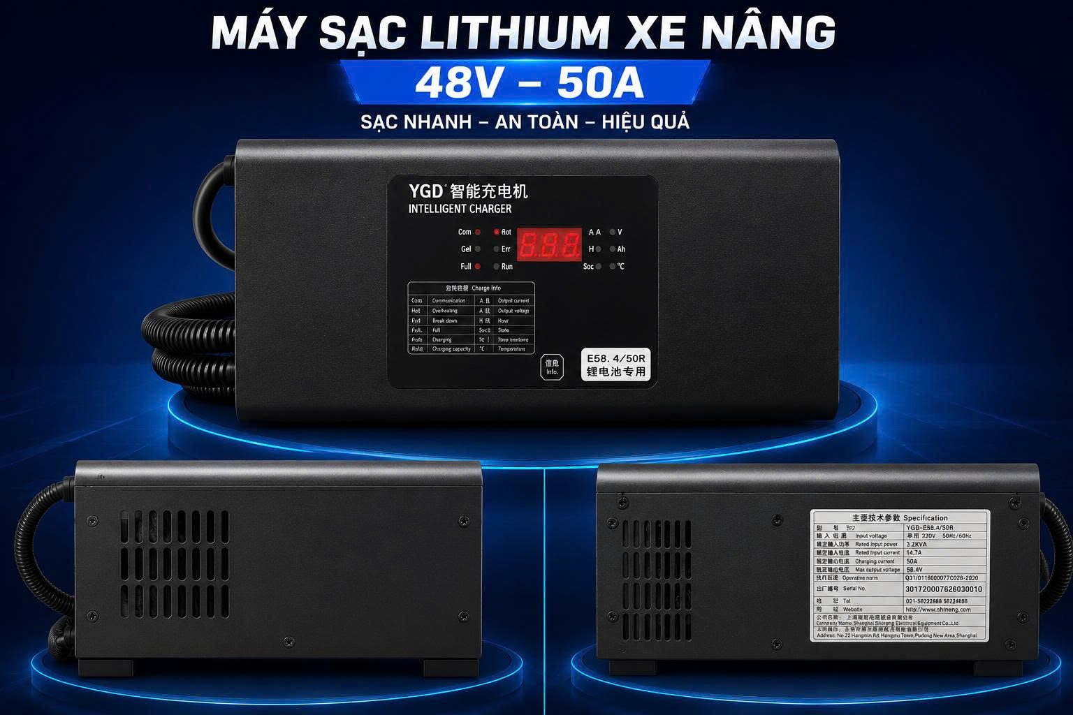MÁY SẠC BÌNH ĐIỆN LITHIUM 48V50A CHÍNH HÃNG CHO XE NÂNG ĐIỆN