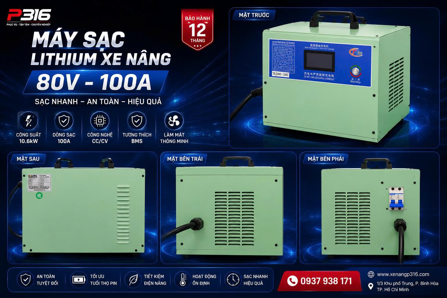 MÁY SẠC BÌNH ĐIỆN LITHIUM 80V100A CHÍNH HÃNG CHO XE NÂNG ĐIỆN