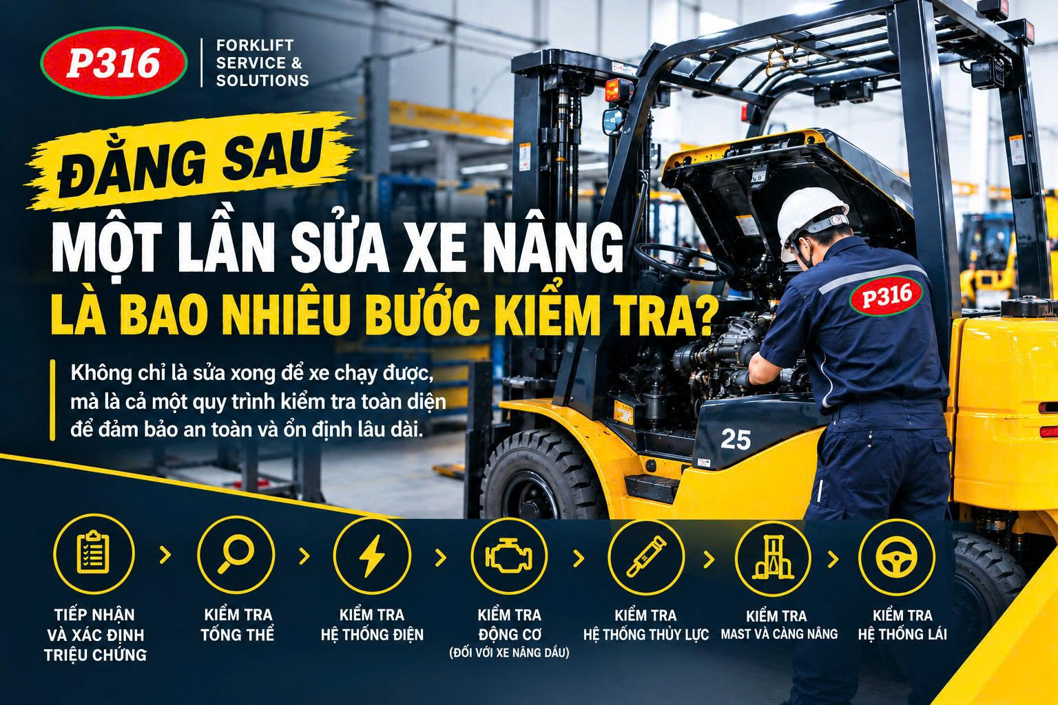 SỬA XE NÂNG XONG, XE CHẠY ĐƯỢC LÀ ĐỦ? CÁC BƯỚC KIỂM TRA KHÔNG THỂ BỎ QUA