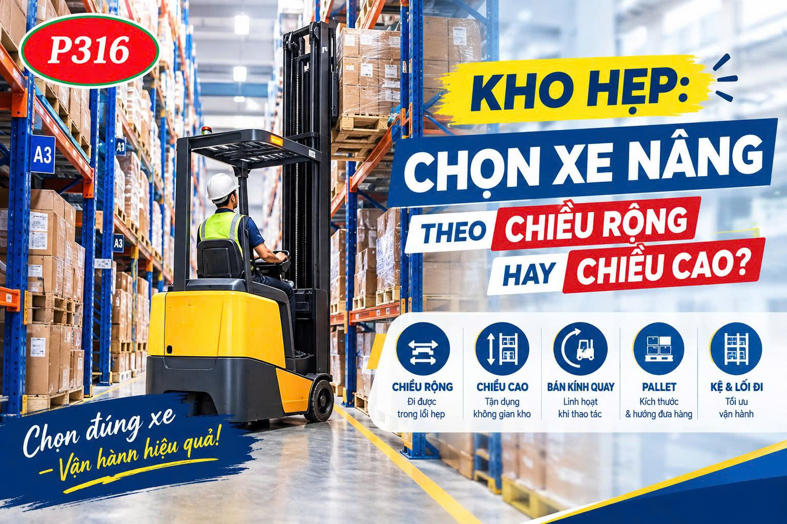 Kho hẹp nên chọn xe nâng theo chiều rộng hay chiều cao? | P316
