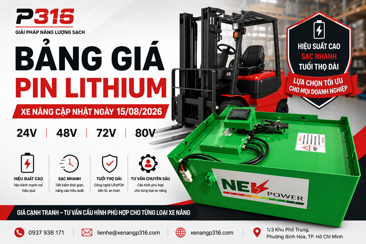 Bảng giá pin Lithium xe nâng NEV 2026 – 24V, 48V, 72V, 80V