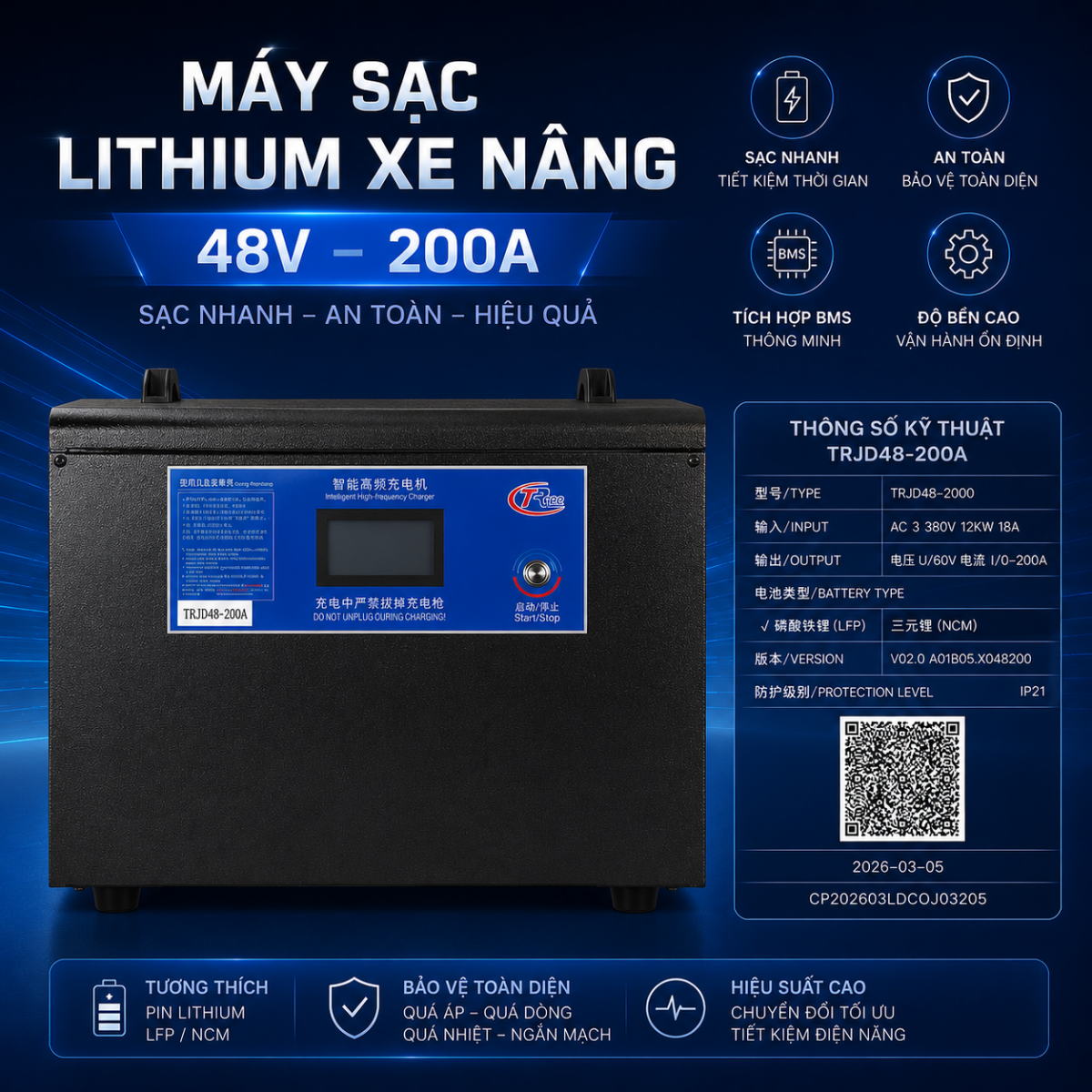 MÁY SẠC BÌNH ĐIỆN LITHIUM 48V200A CHÍNH HÃNG CHO XE NÂNG ĐIỆN