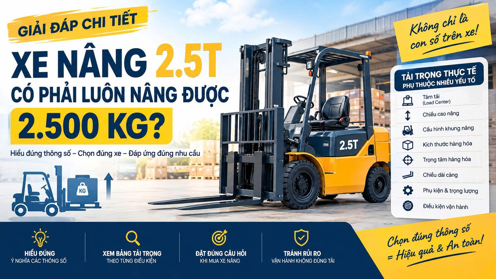 Xe nâng 2.5T có nâng được 2.5 tấn? Hiểu đúng tải trọng xe nâng