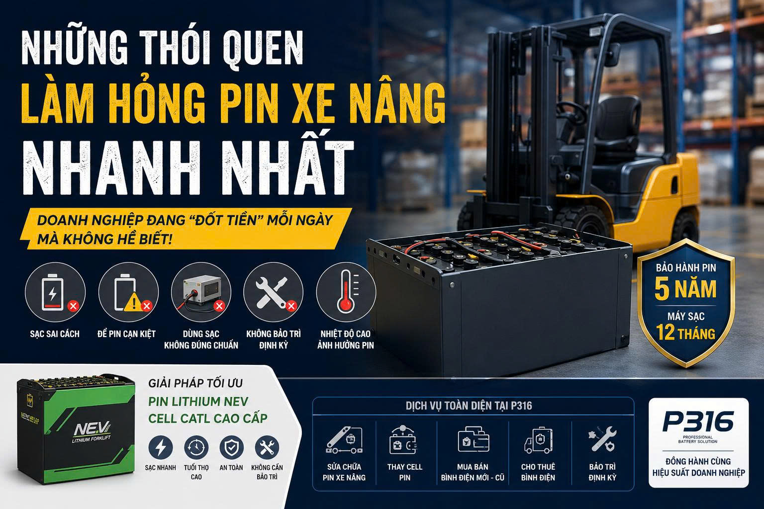 NHỮNG THÓI QUEN LÀM HỎNG PIN XE NÂNG NHANH NHẤT | GIẢI PHÁP PIN LITHIUM NEV CATL TẠI P316