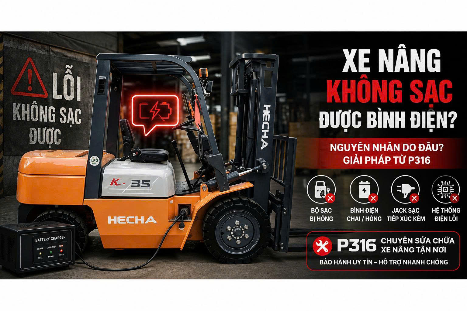 Xe nâng không sạc được bình điện – Nguyên nhân và giải pháp sửa chữa hiệu quả | P316